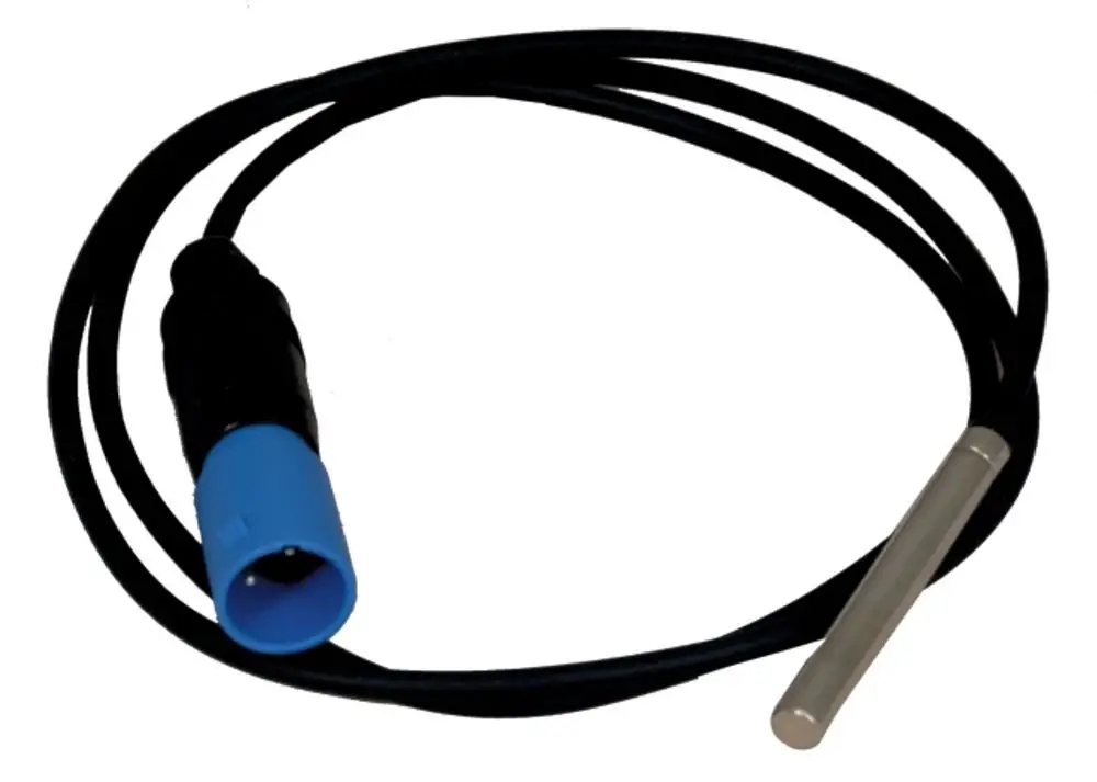 NTC-Temperaturfühler mit runder Spitze und einem Kabel, Anschlussstück in Blau, geeignet für Wolf Heizsysteme. Kabelverlängerung sichtbar.